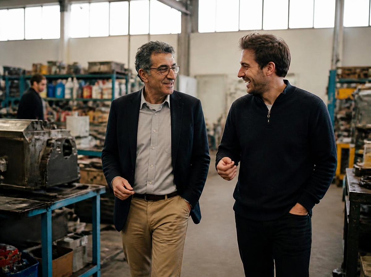 Adviseur en ondernemer lopen samen door de werkplaats